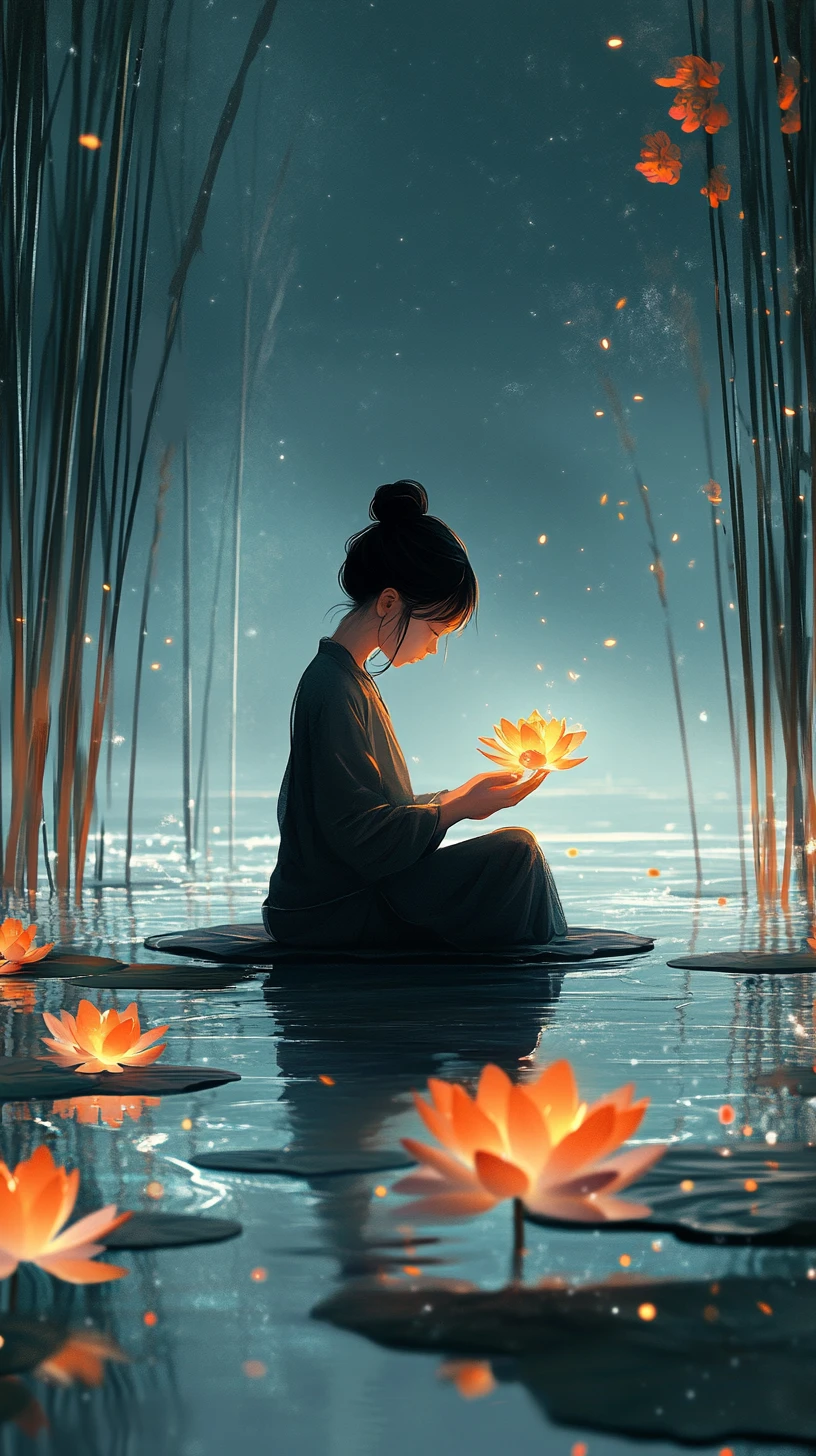 Girl meditating on lily pad with glowing lotus flowers