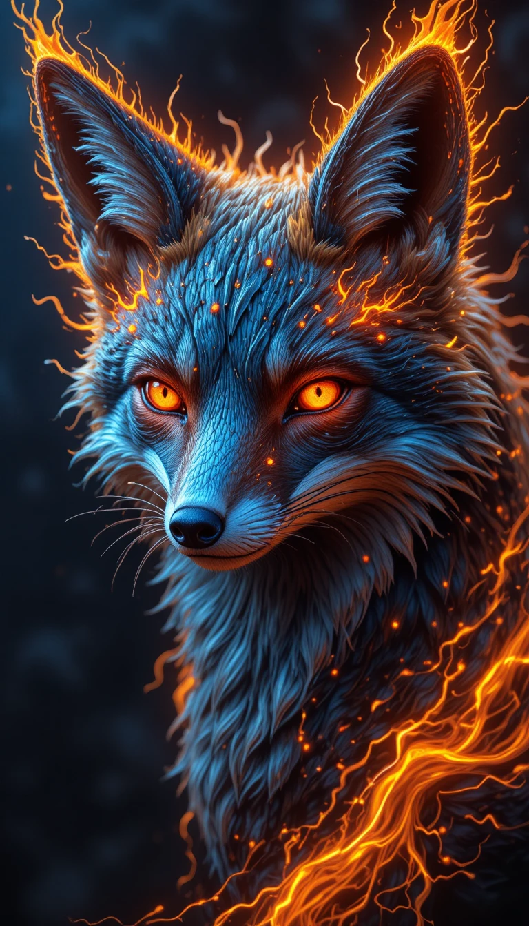 Fox portrait with glowing amber eyes in dark void