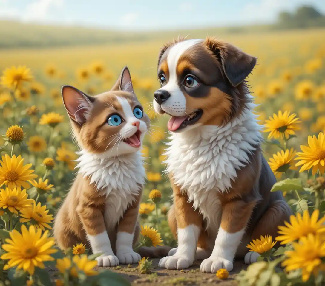 Saint Bernard puppy and kitten in sunny sunflower field