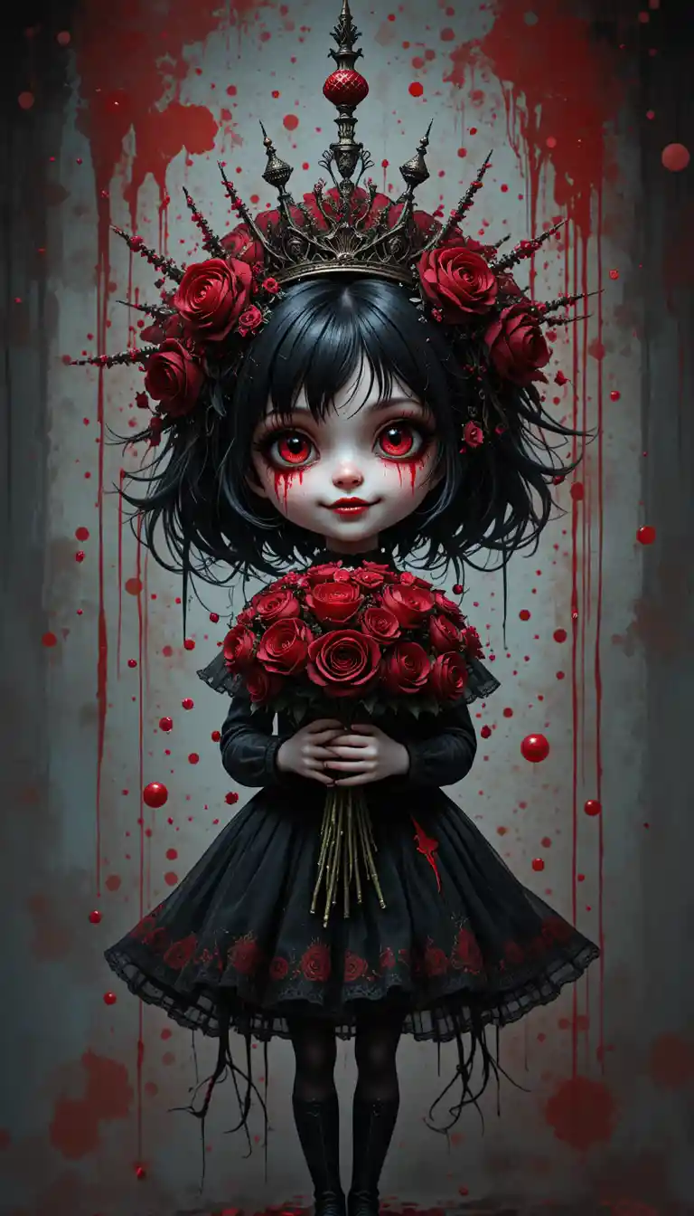 Gothic girl with red eyes and roses in a dark scene