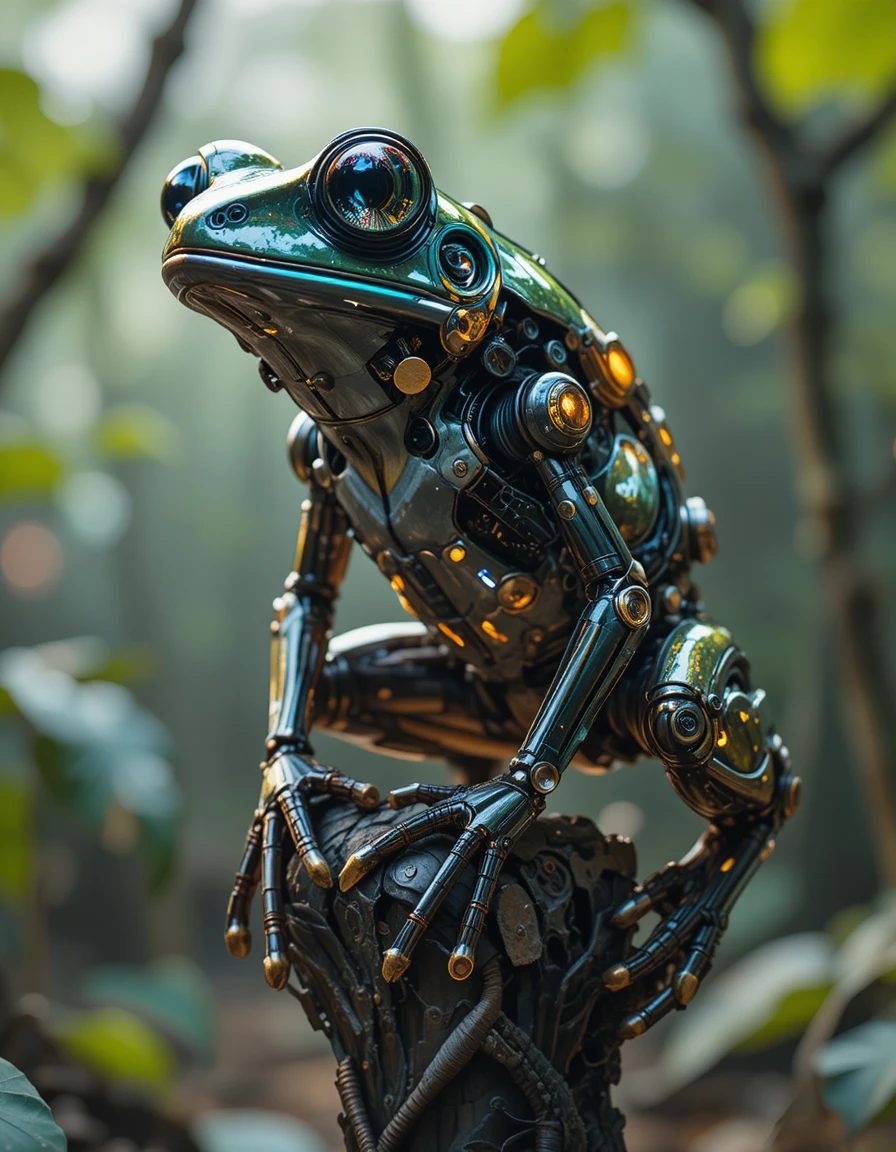 Cybernetic neon tree frog on metallic trunk in darkness