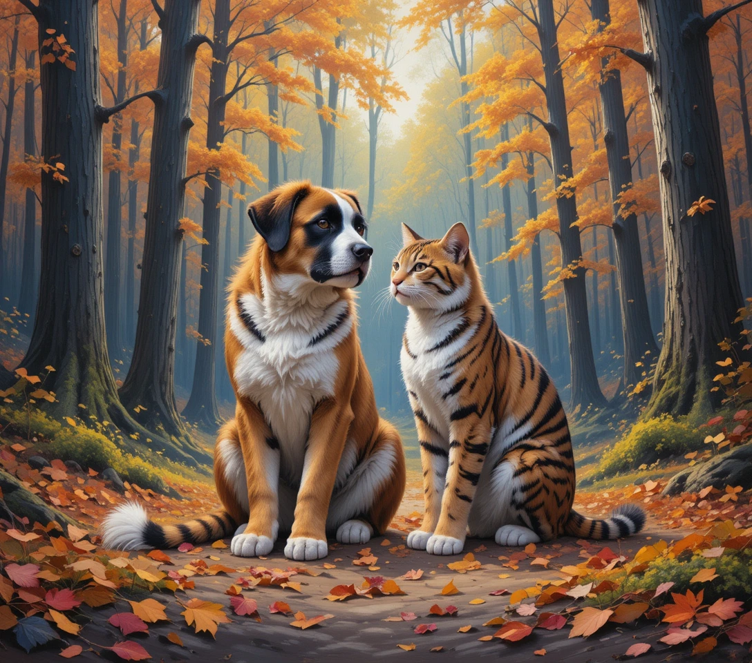 Saint Bernard puppy and tabby kitten in autumn forest