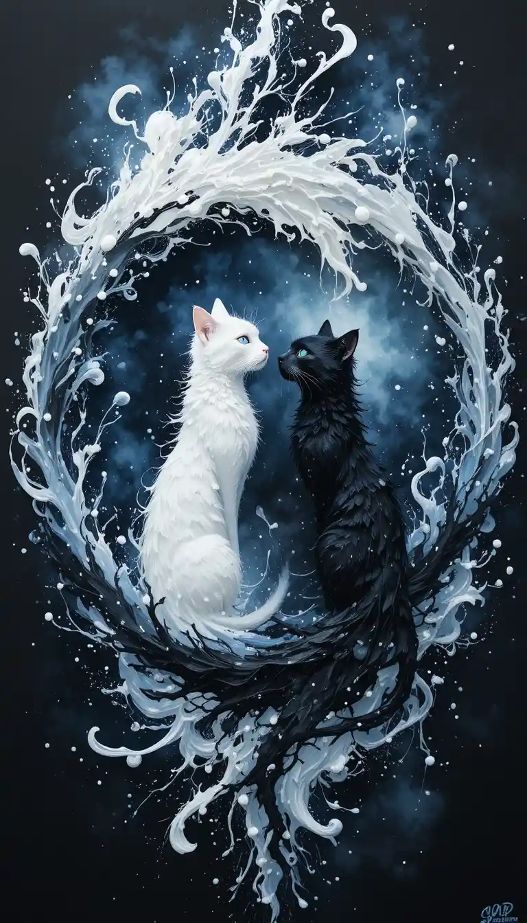 White And Black Cats In Fluid Yin Yang Watercolor Art