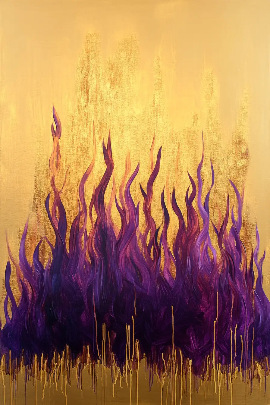 Surreal minimalist flames in shimmering gold and purple