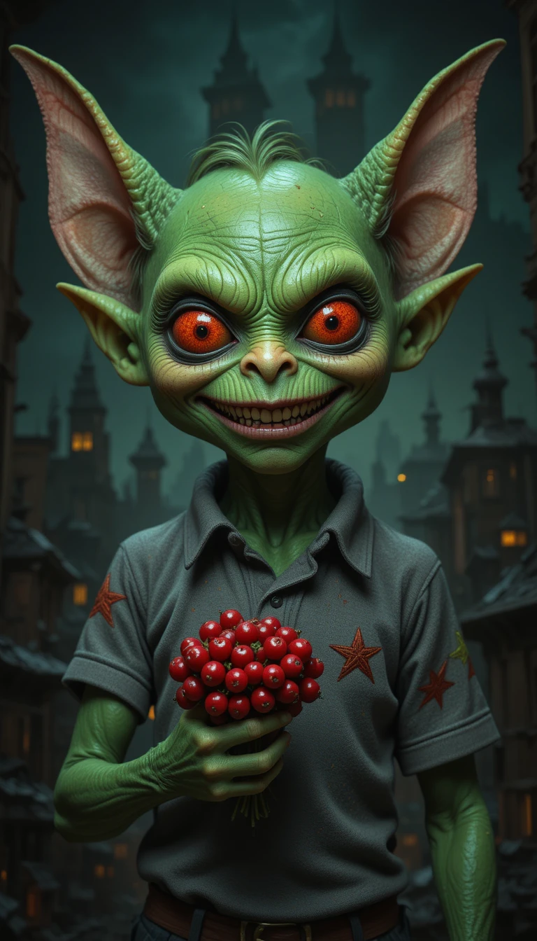 Creepy green goblin grinning before a dark cityscape