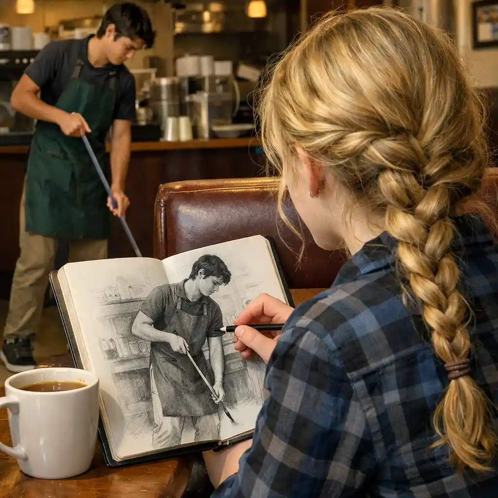 Teen girl sketching a barista from a coffee shop booth
