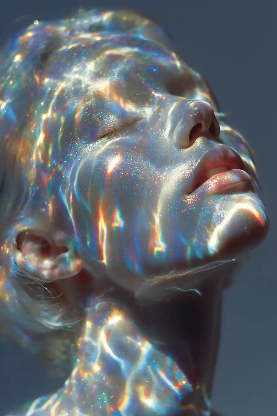 Iridescent light waves over a pastel profile portrait