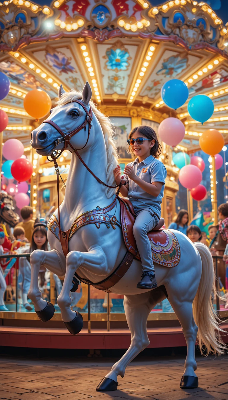 Children riding a dancing horse at a colorful carousel
