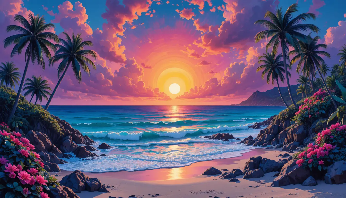 Spiaggia tropicale synthwave al neon con tramonto dal cielo drammatico