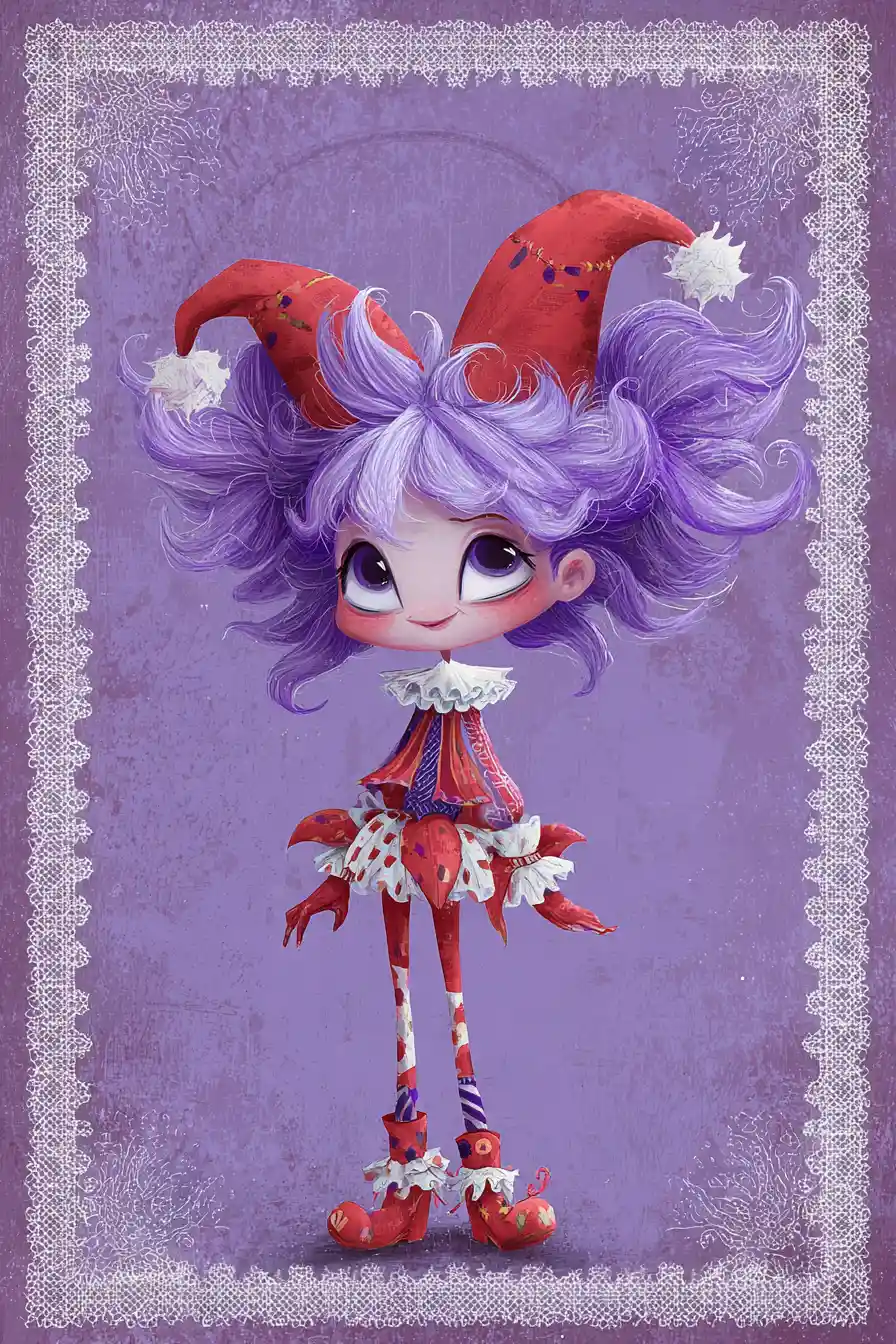 Whimsical jester with violet hair on purple backdrop