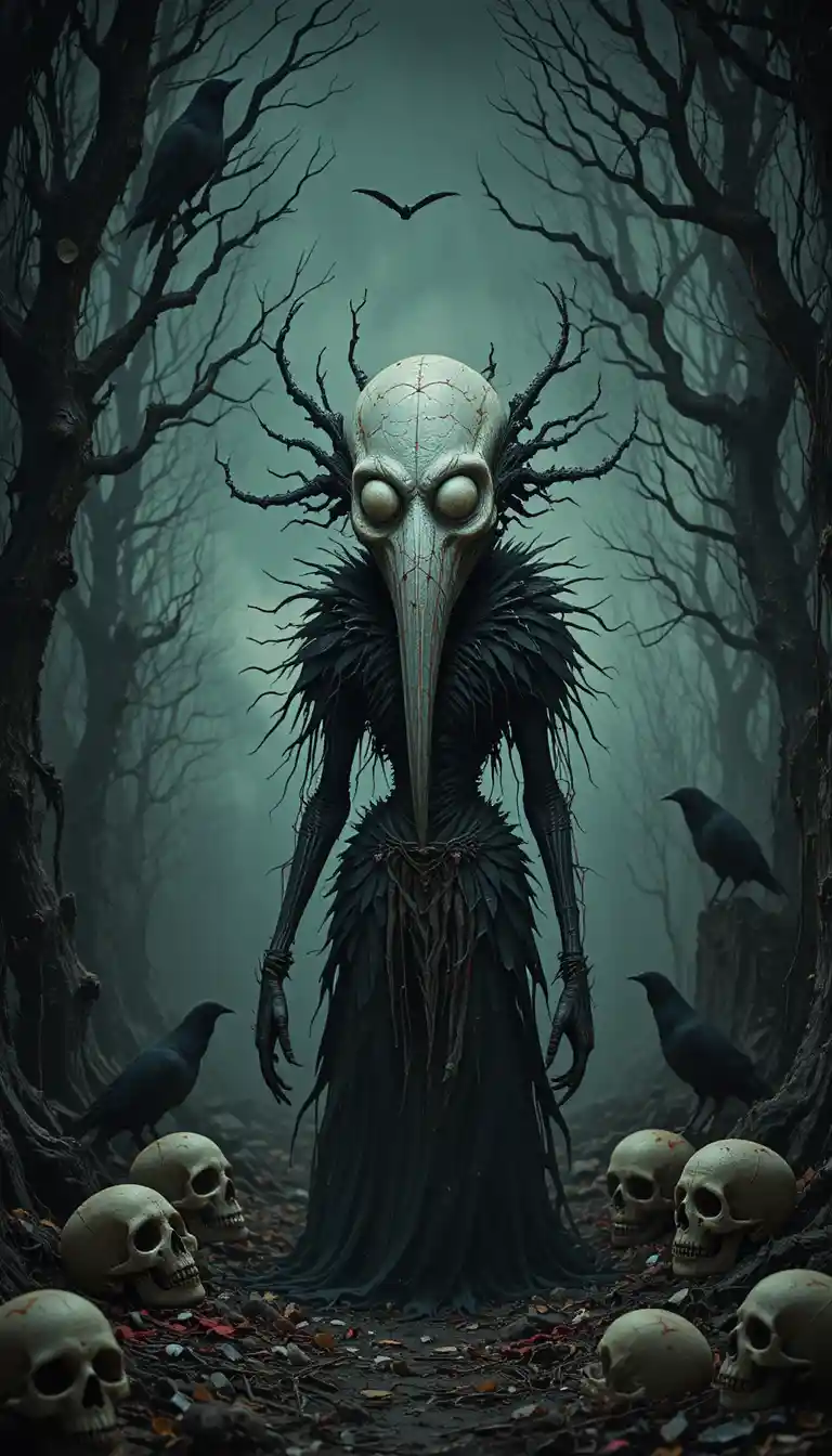 Monstruo alienígena con ojos brillantes en un bosque embrujado