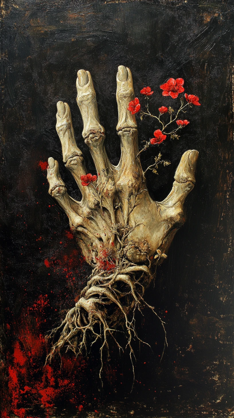Mano humana fosilizada que se transforma en raíces con flores