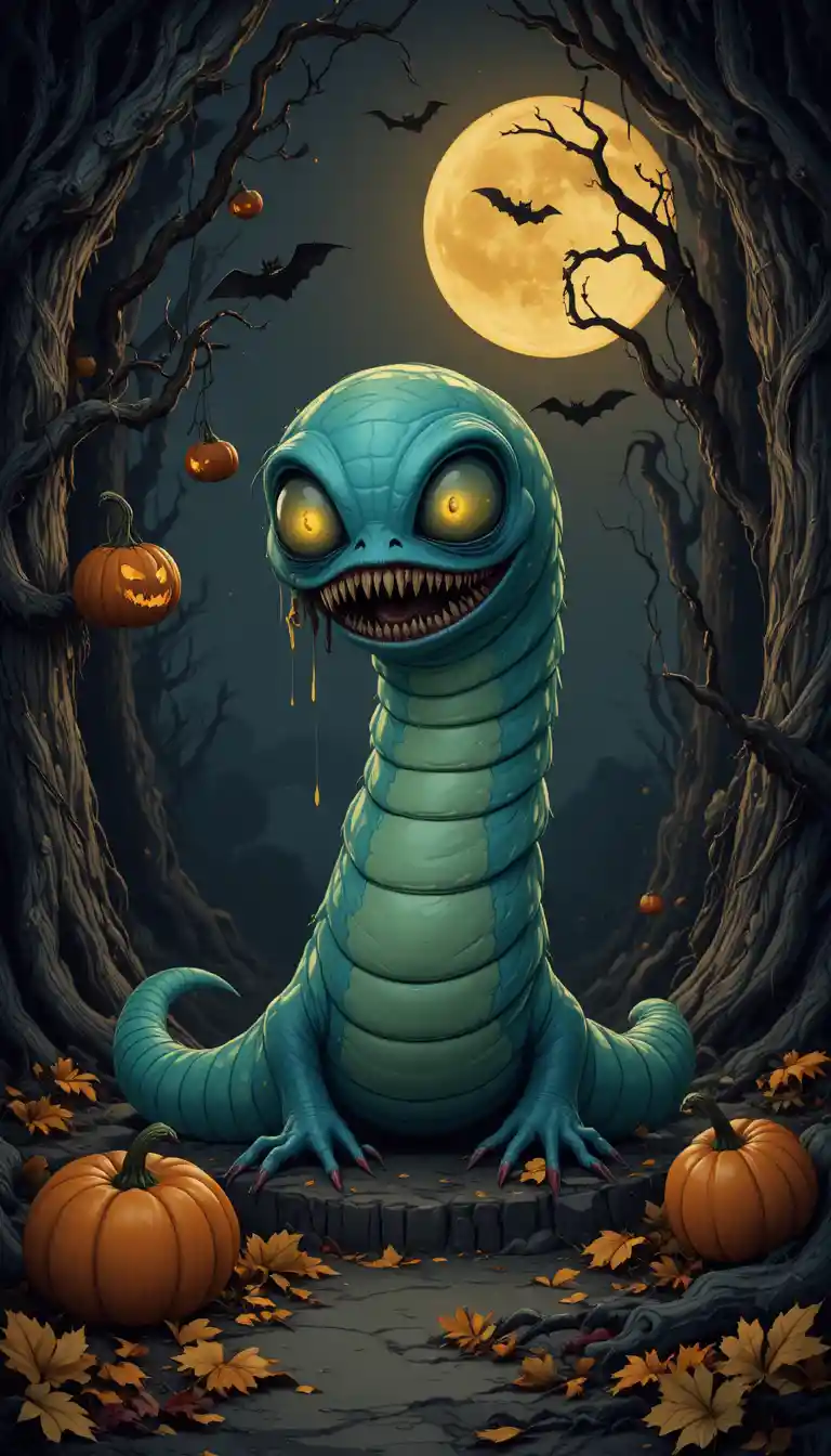 Monstruo Gusano de Dibujo Animado Escalofriante Bajo una Luna Llena Deslumbrante