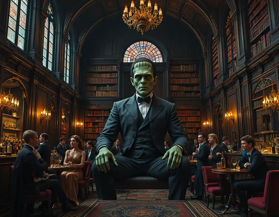 Monstruo de Frankenstein en un opulento bar gótico victoriano
