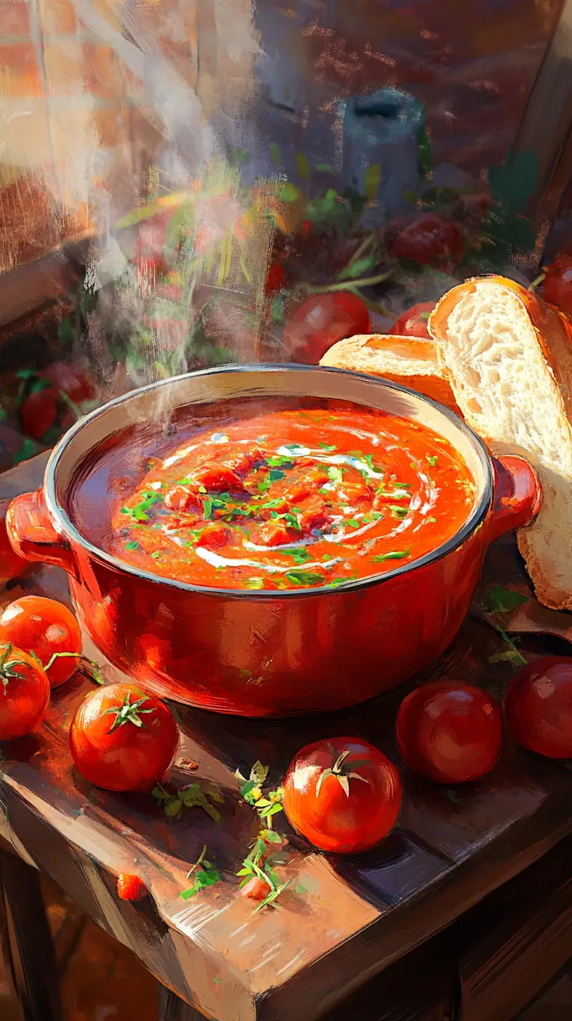 Tomato soup with bread on rustic wooden table
