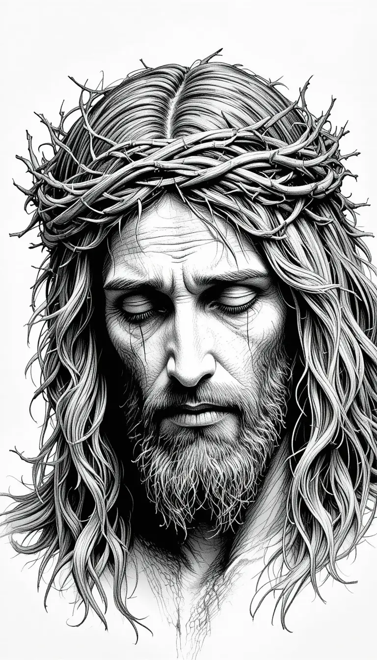 Black and white portrait of Jesus with crown of thorns