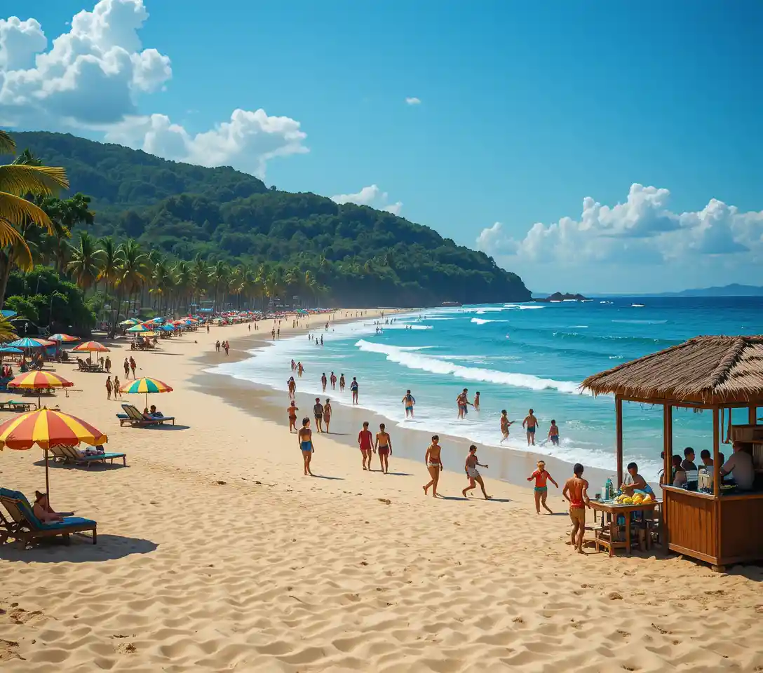 Colorful tropical beach with umbrellas and lush forest