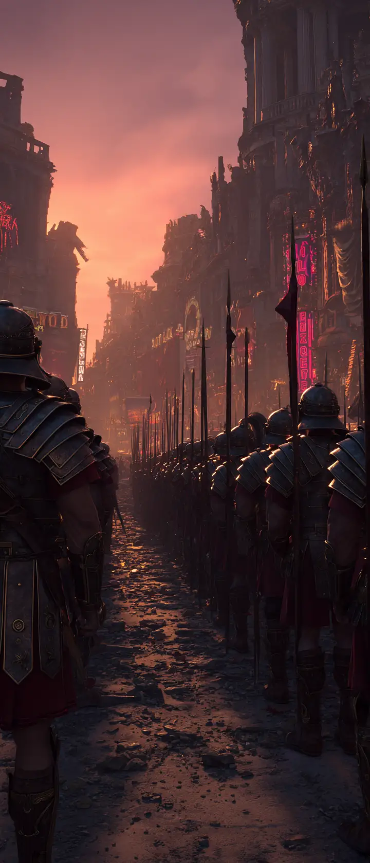 Roman legion marching through ruined Las Vegas at dusk