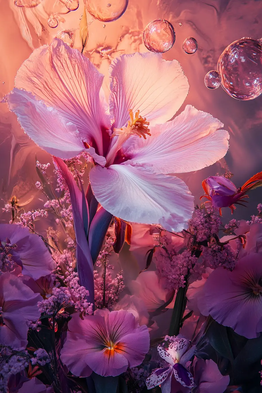 Glowing light orbs around a large lilac flower