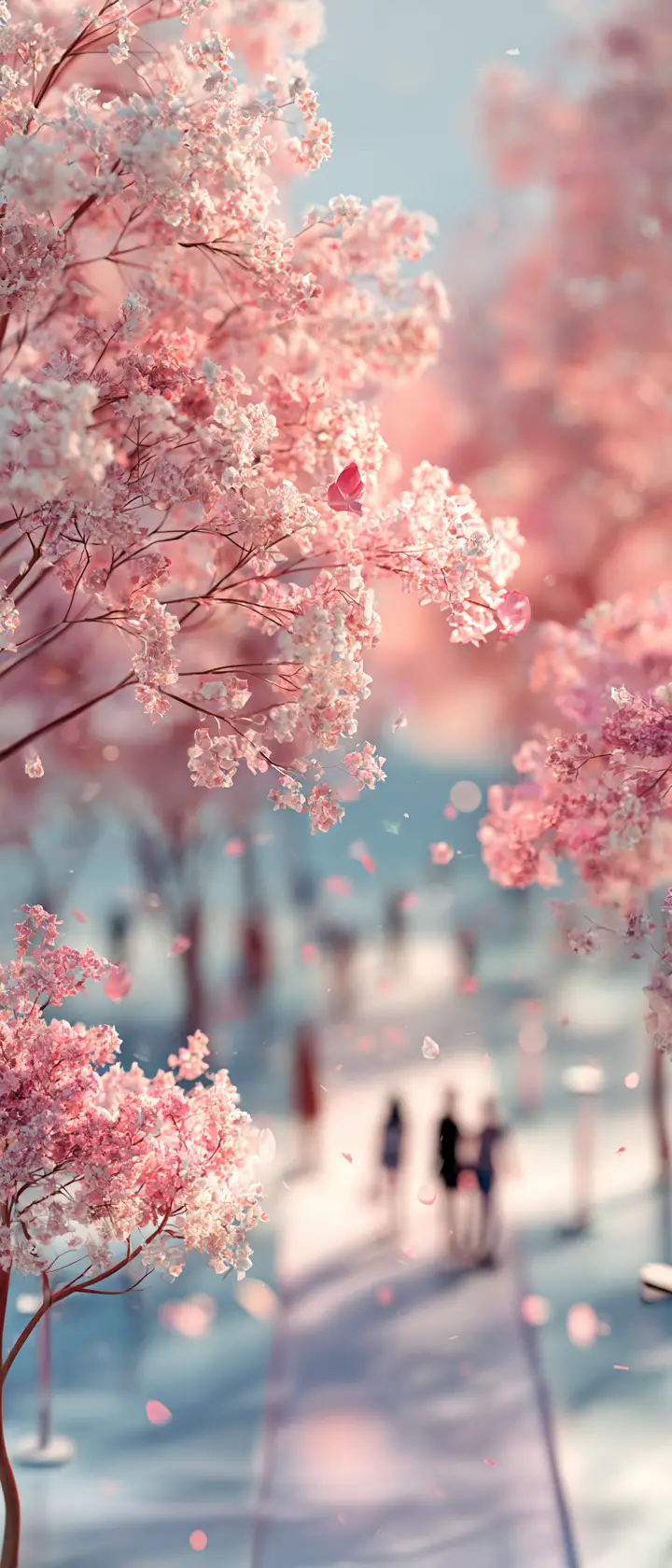 Peaceful anime cherry blossom park with aerial view