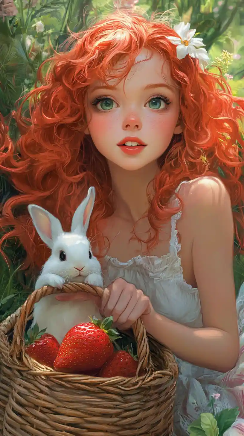 Red haired girl with rabbit and strawberry illustration
