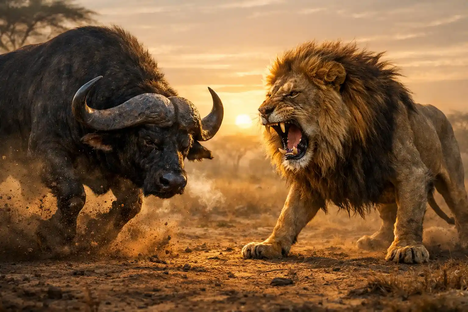 Lion And Buffalo Face Off In Dramatic Dawn Showdown
