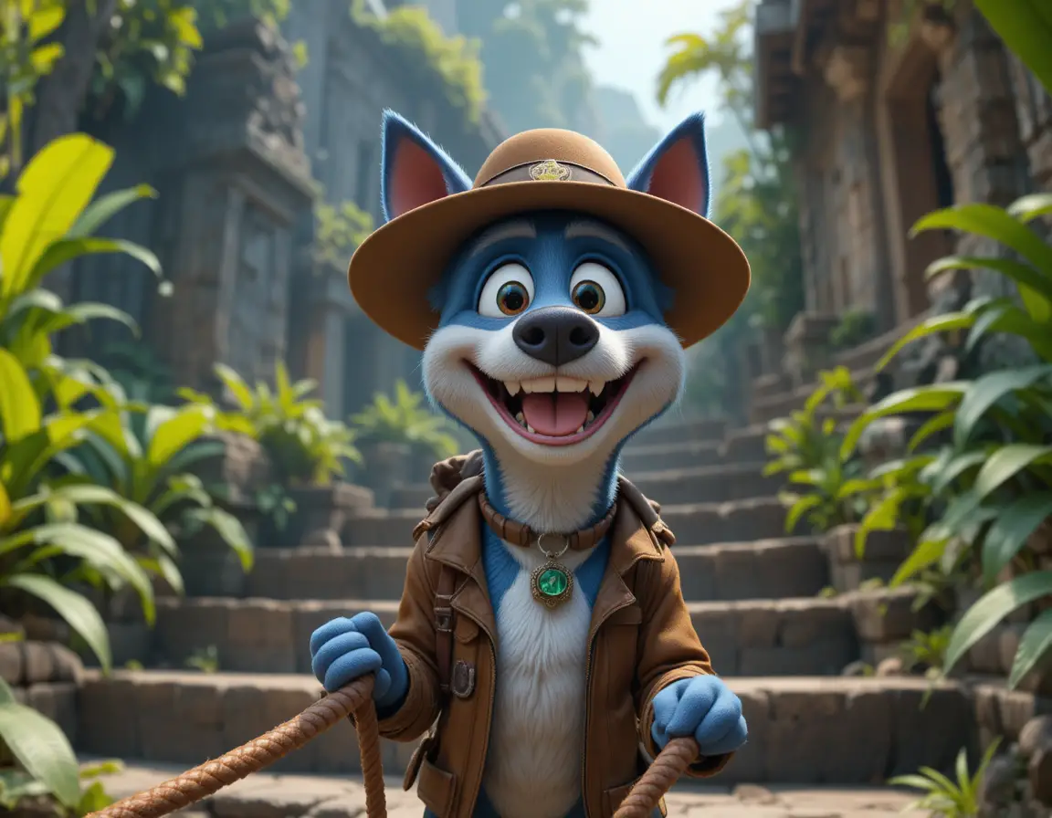 Cartoon dog explorer on jungle temple steps in daylight