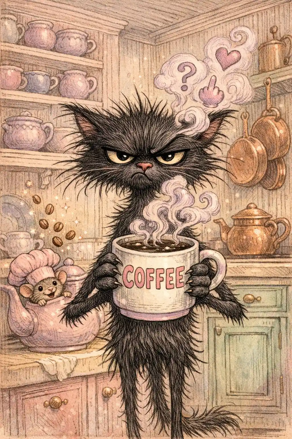Gato preto rabugento com café em uma cozinha em tons pastéis