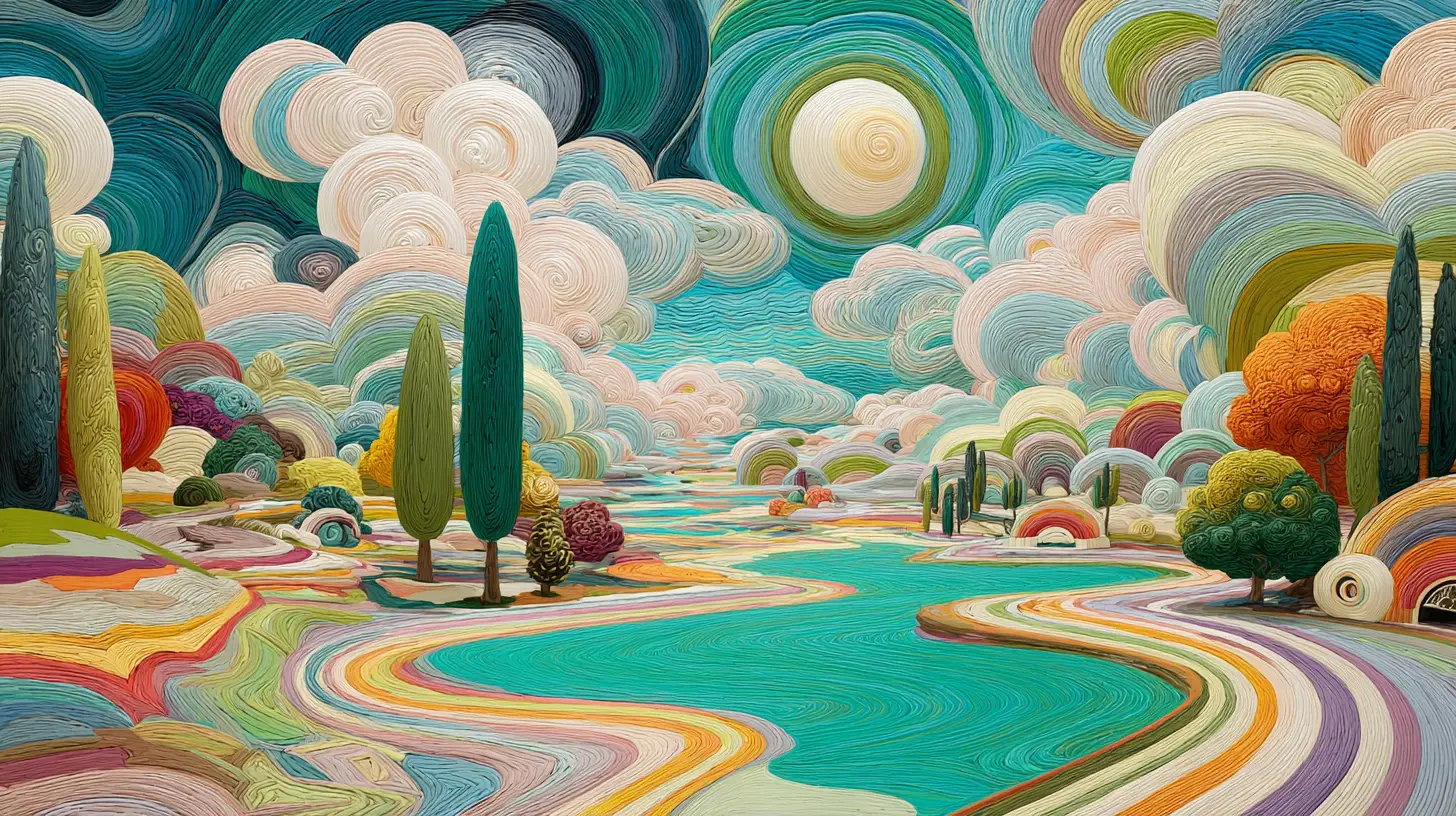 Surreal dreamlike landscape with vibrant swirling abstract forms