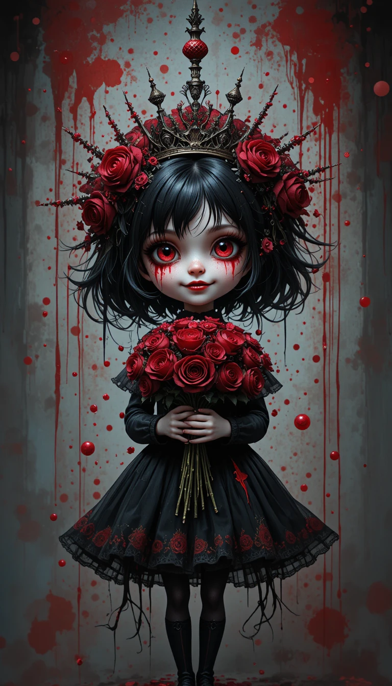 Gothic girl with red eyes and roses in a dark scene