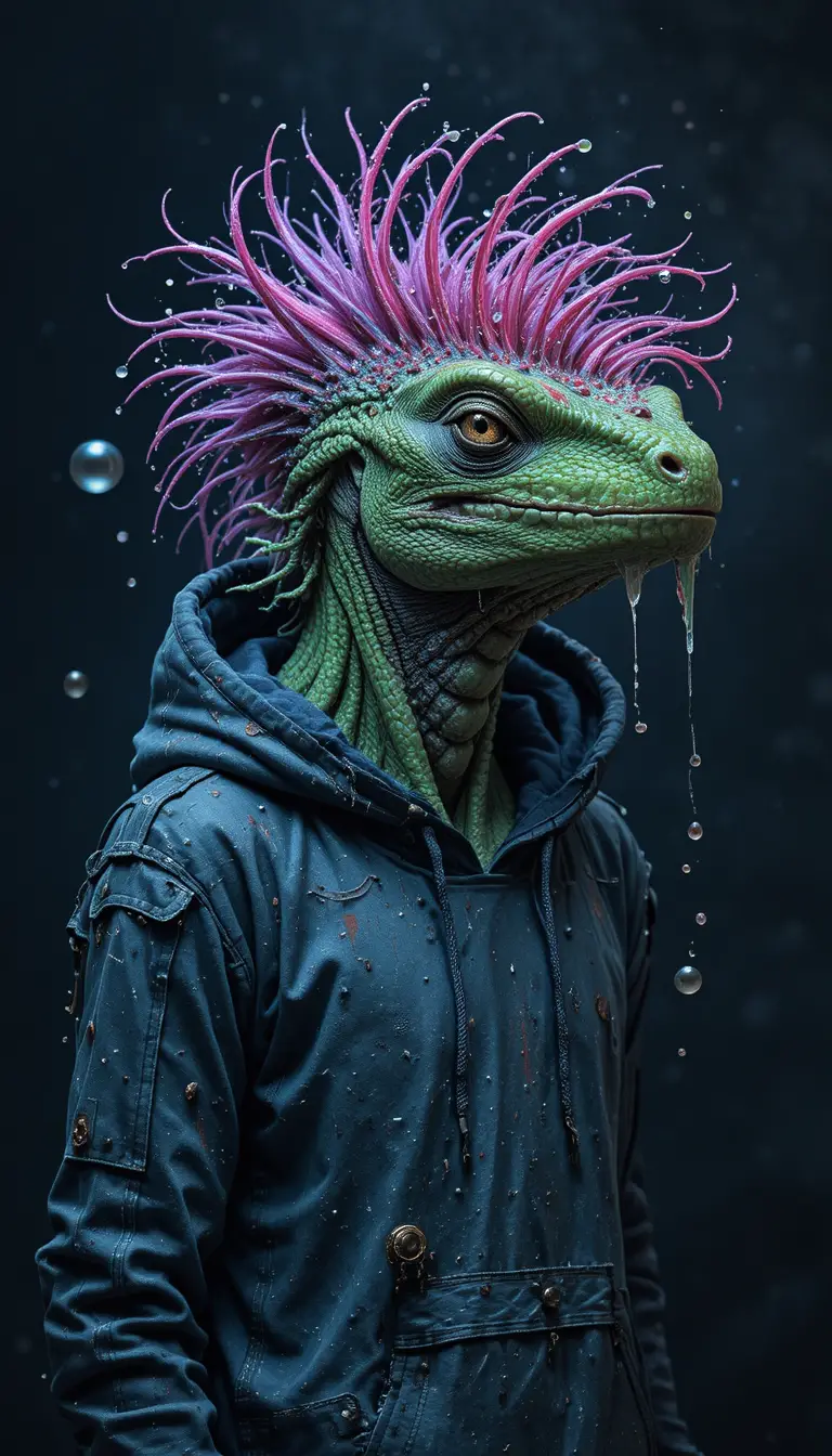 Psychedelic Lizard Humanoid With Neon Hair In Dark Space