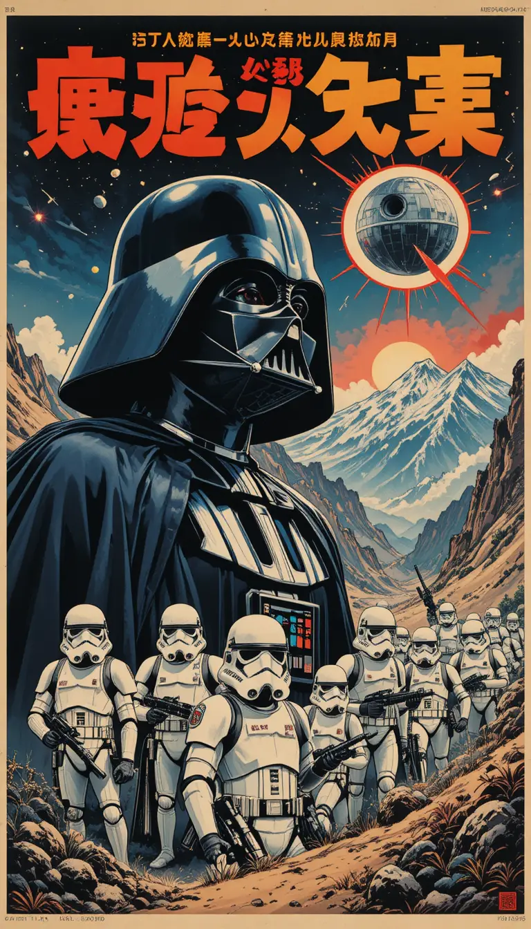 Póster de propaganda sci‑fi vintage con figura enmascarada y batallas
