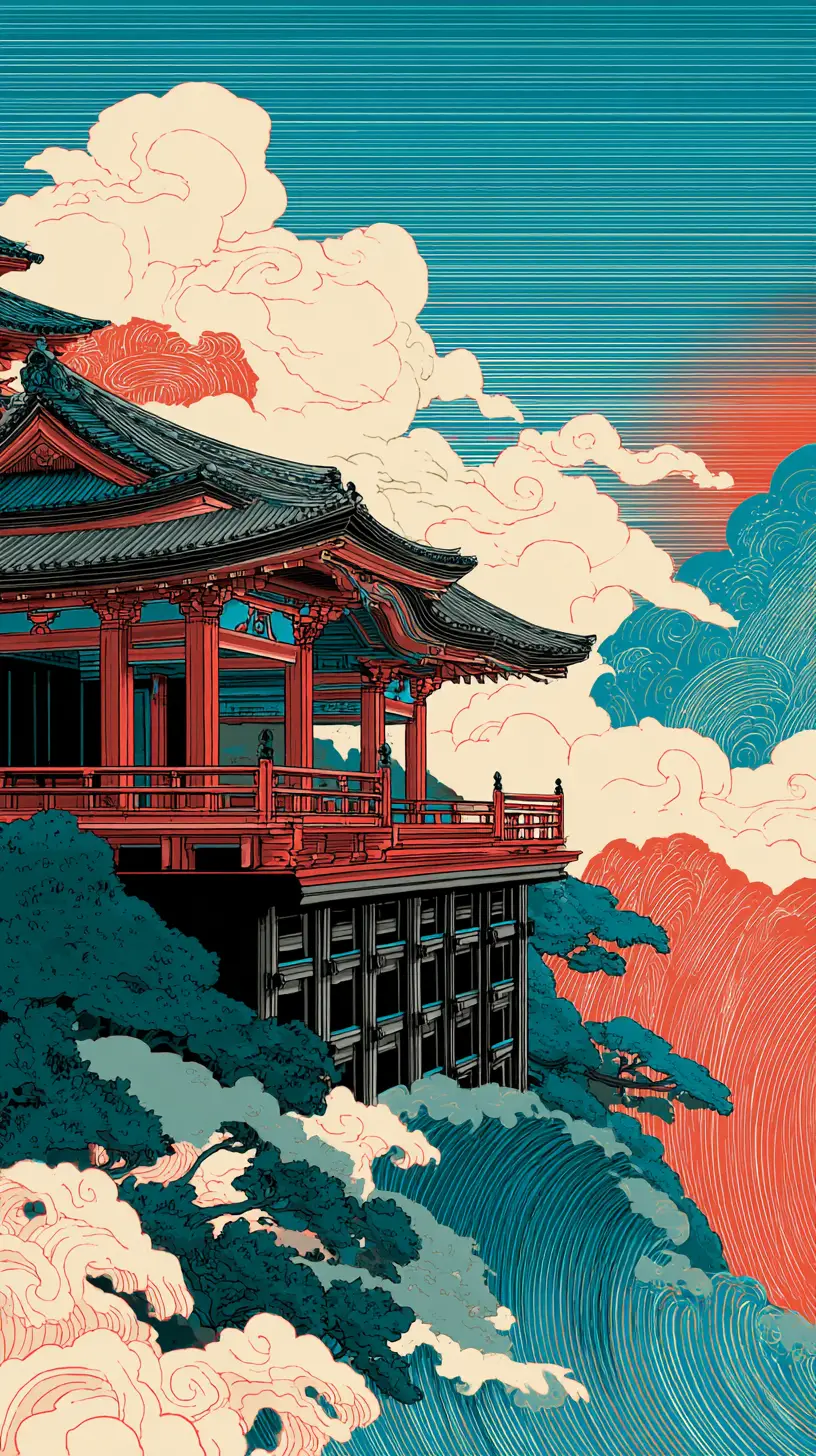 Ukiyo e temple terrace overlooking a misty mountainside
