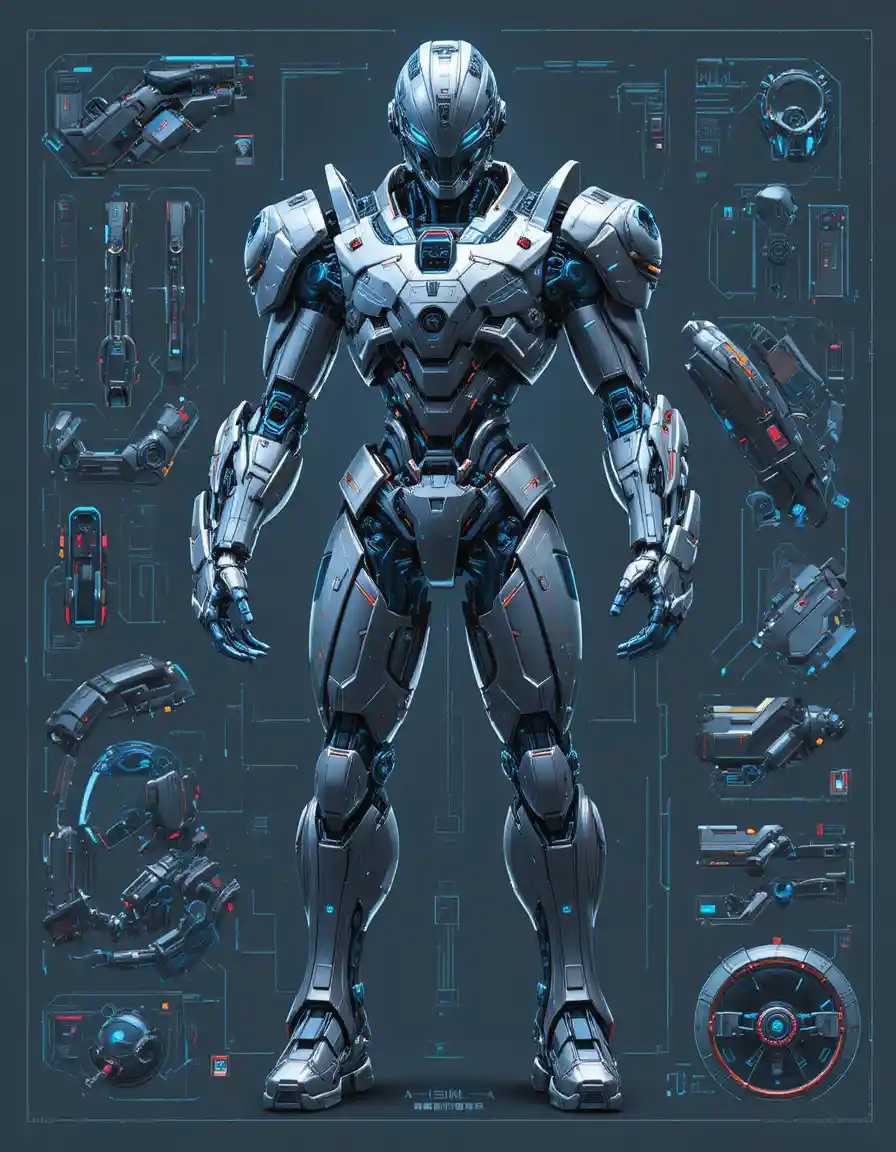 Blueprint di Armatura Mecha Futuristica con Componenti Cibernetici