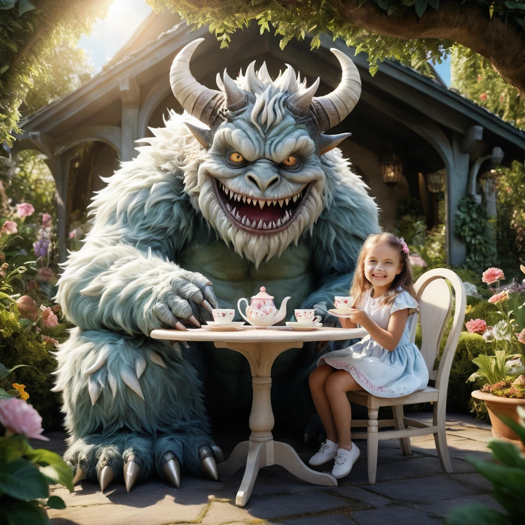 Pequeña niña compartiendo el té de la mañana con un monstruo cornudo y amistoso