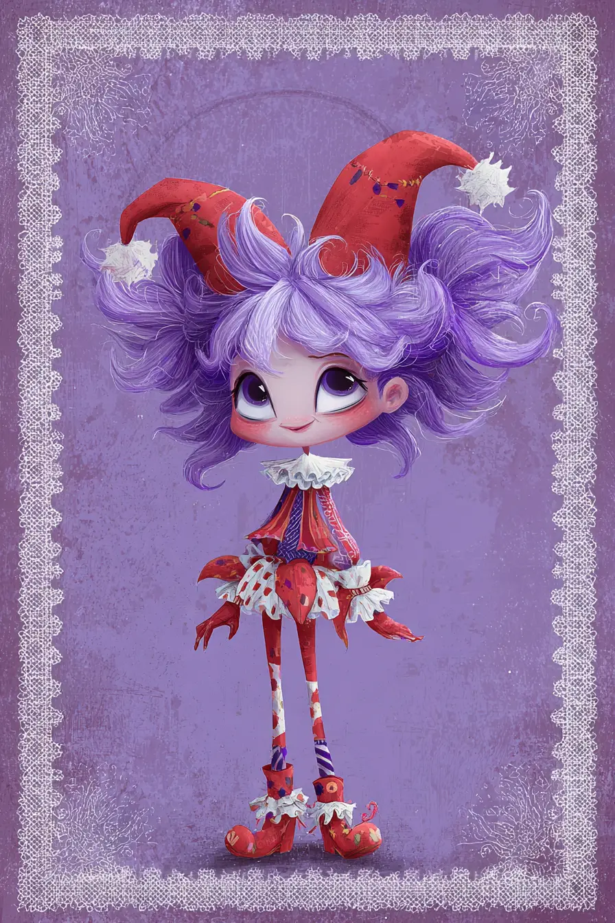 Whimsical jester with violet hair on purple backdrop