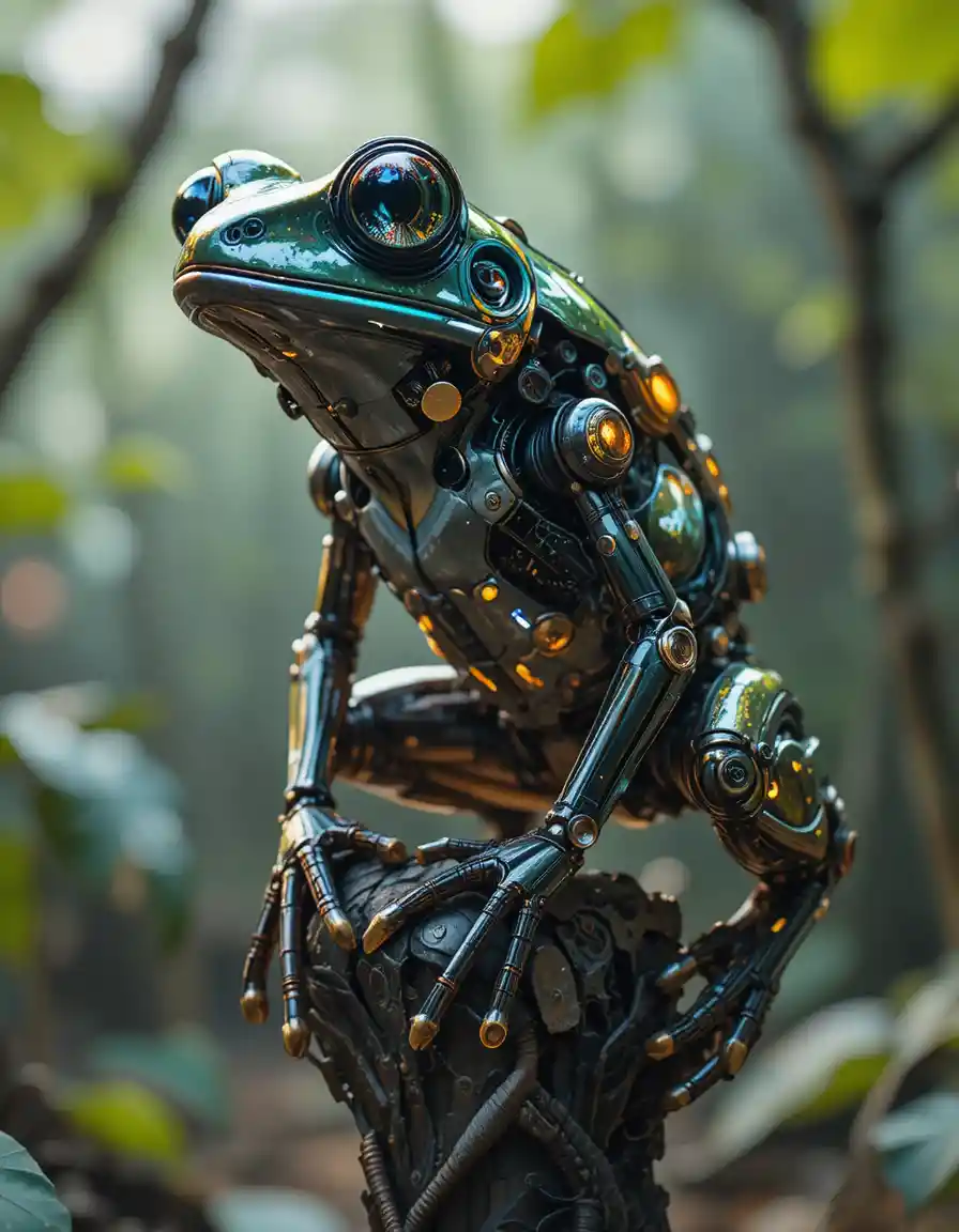 Cybernetic neon tree frog on metallic trunk in darkness