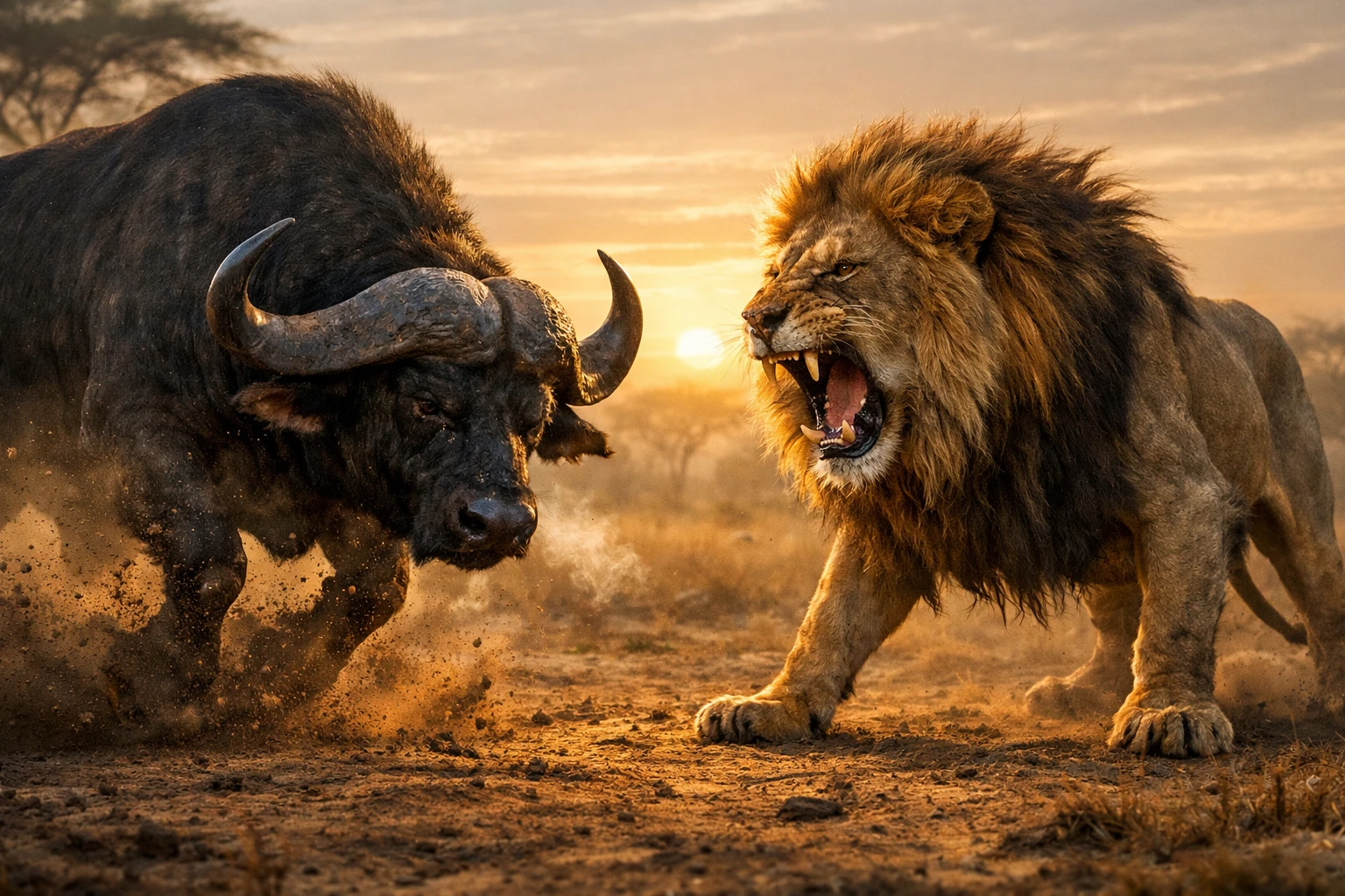 Lion And Buffalo Face Off In Dramatic Dawn Showdown