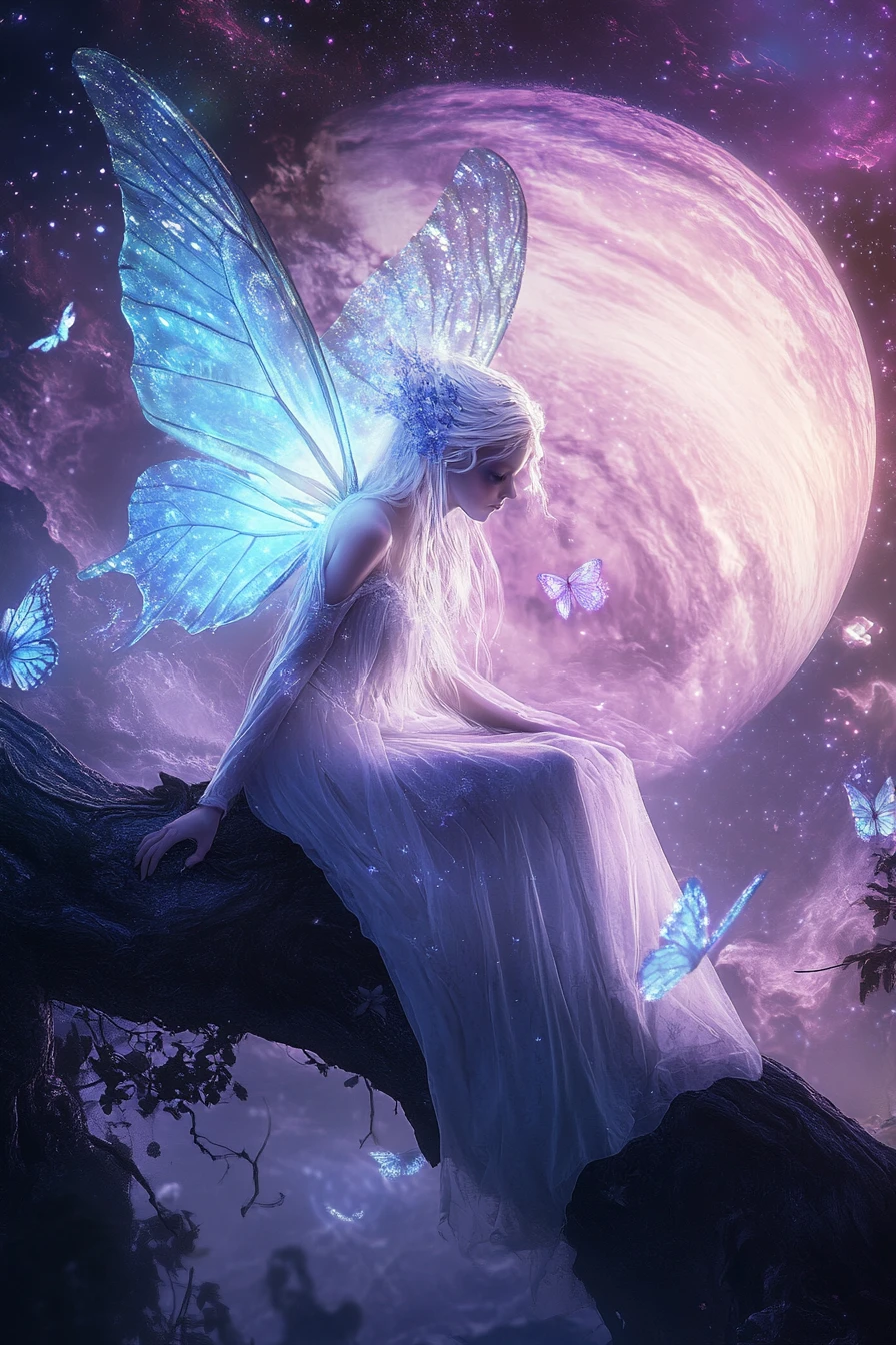 Ethereal fairy woman on a cosmic branch beneath a ringed planet