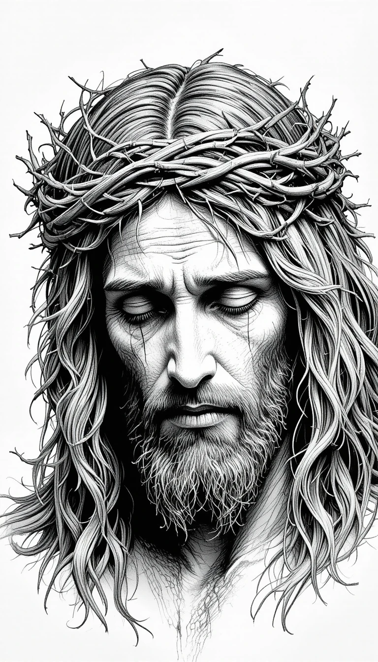 Black and white portrait of Jesus with crown of thorns