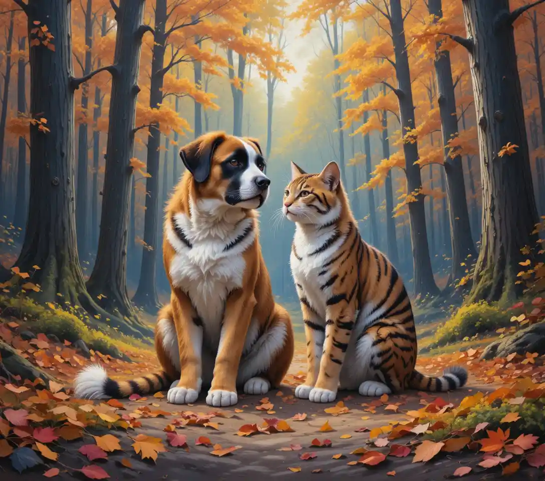 Saint Bernard puppy and tabby kitten in autumn forest