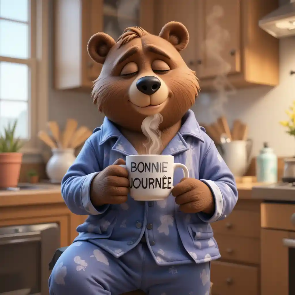 Sleepy bear in pajamas holding coffee in cozy kitchen