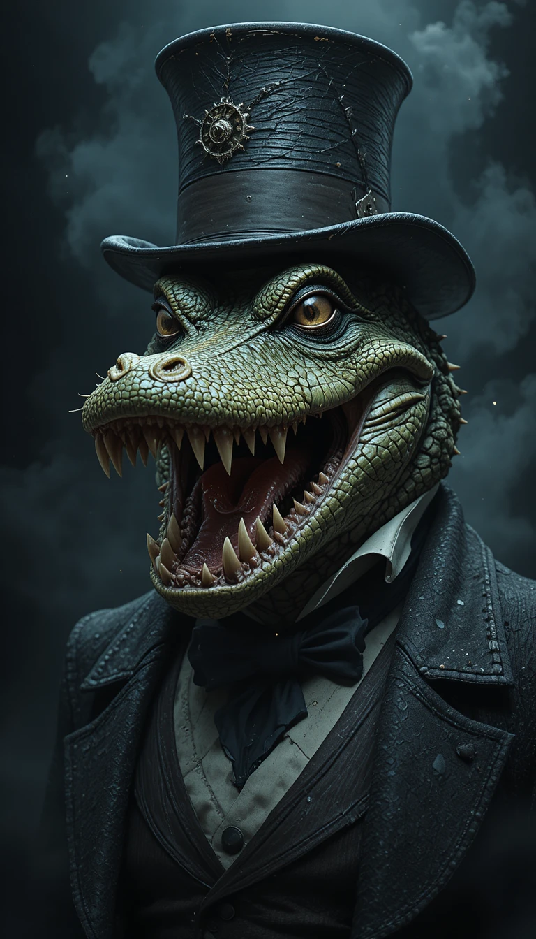 Victorian crocodile in suit with glowing red eyes