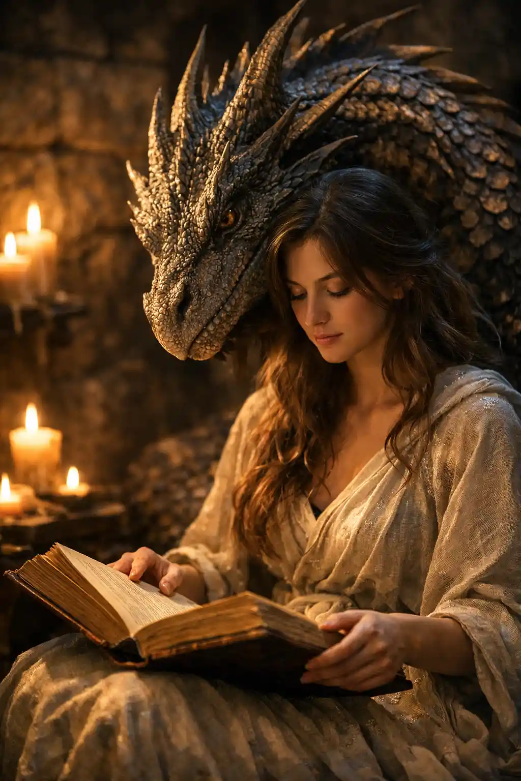 Young woman reading with a protective dragon nearby