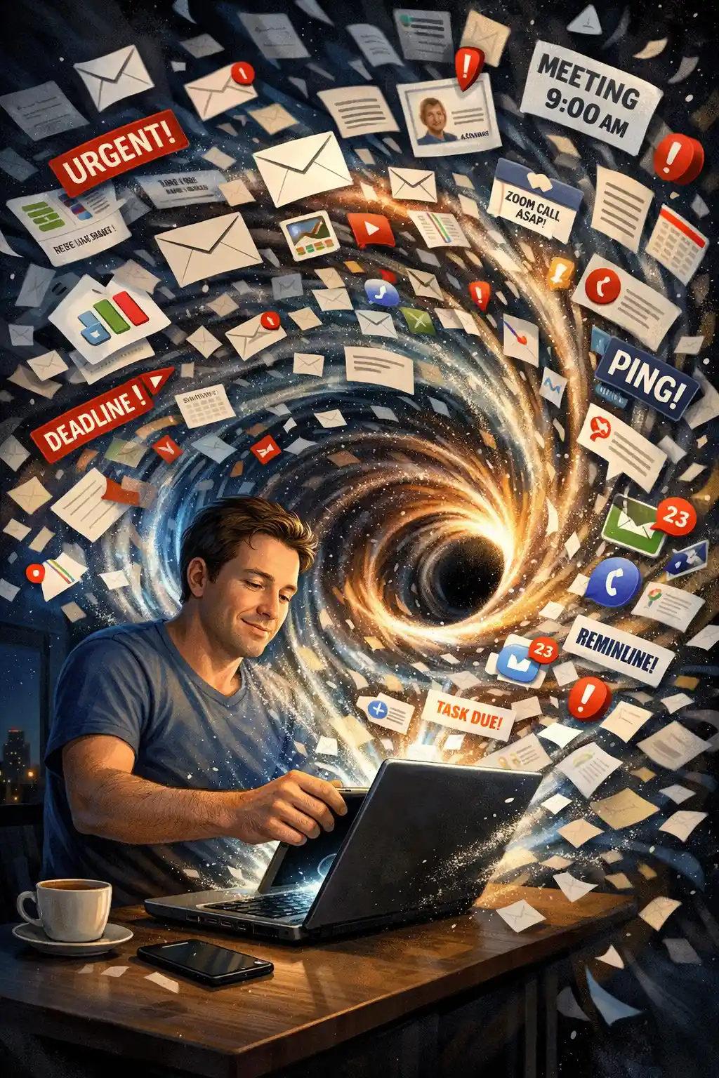 Person Pulled Into Vortex Of Digital Work At Night