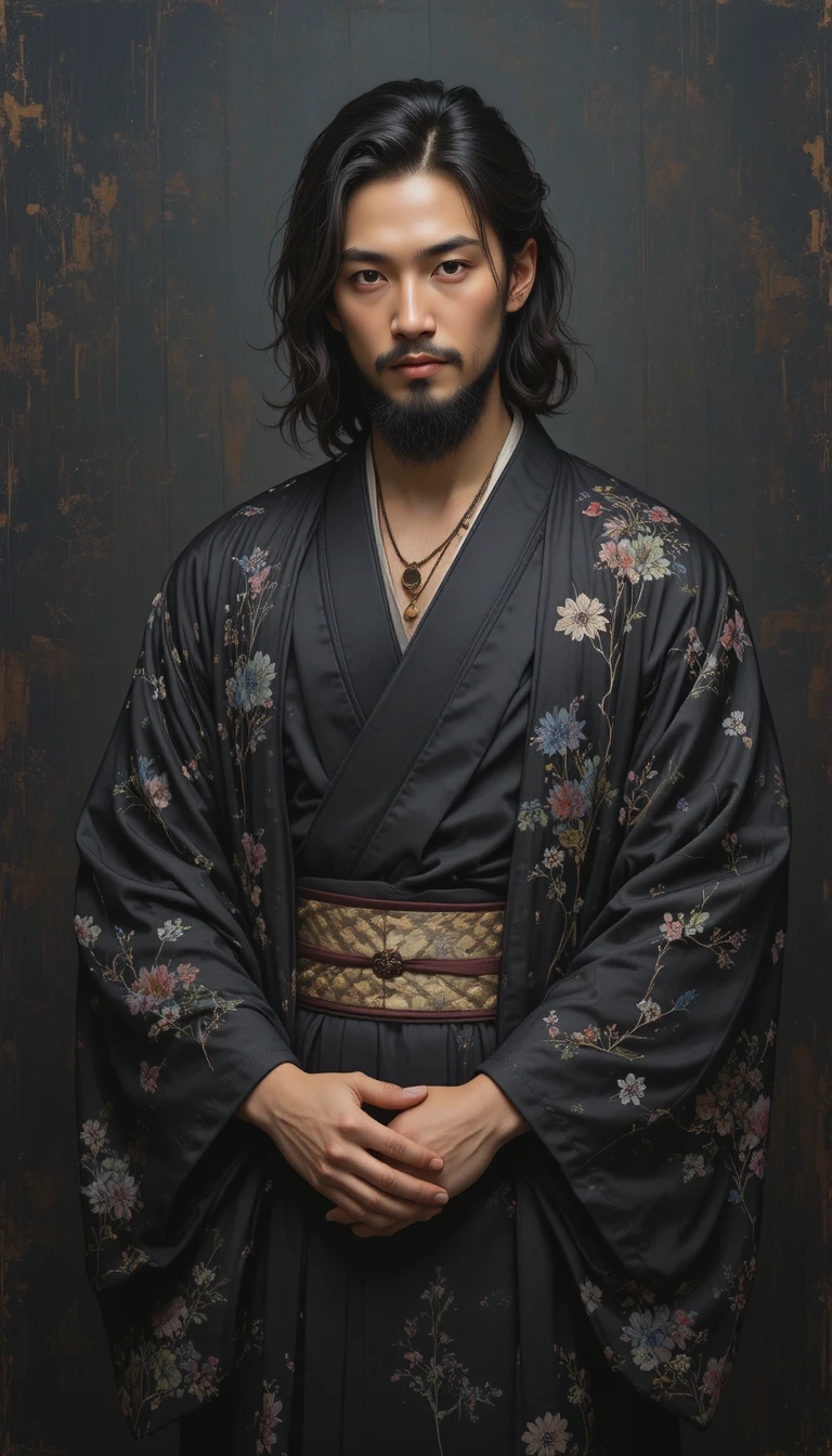 Hombre con kimono negro frente a un fondo oscuro y texturizado