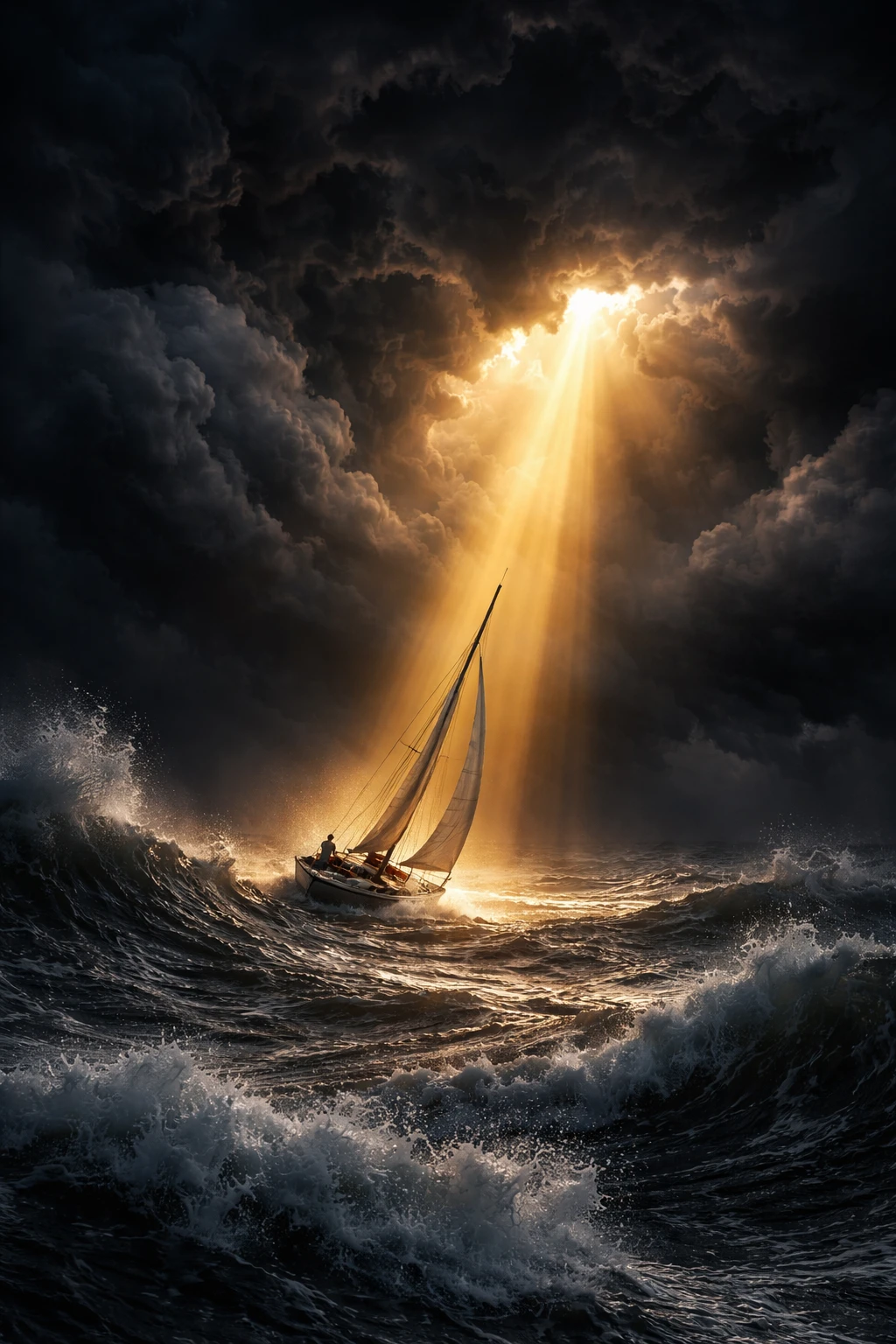 Golden sunbeam breaking storm clouds over lone sailboat