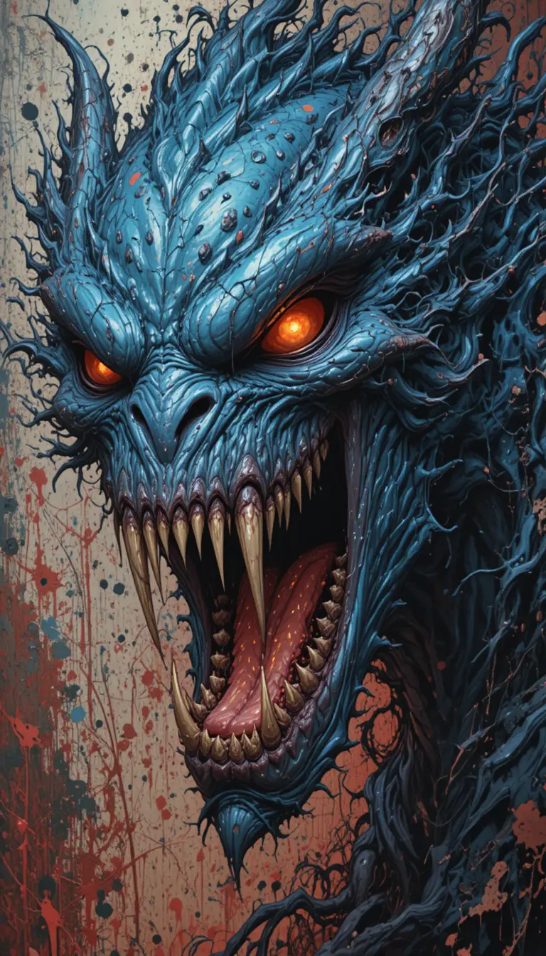 Fiery blue mythical beast with blazing orange eyes