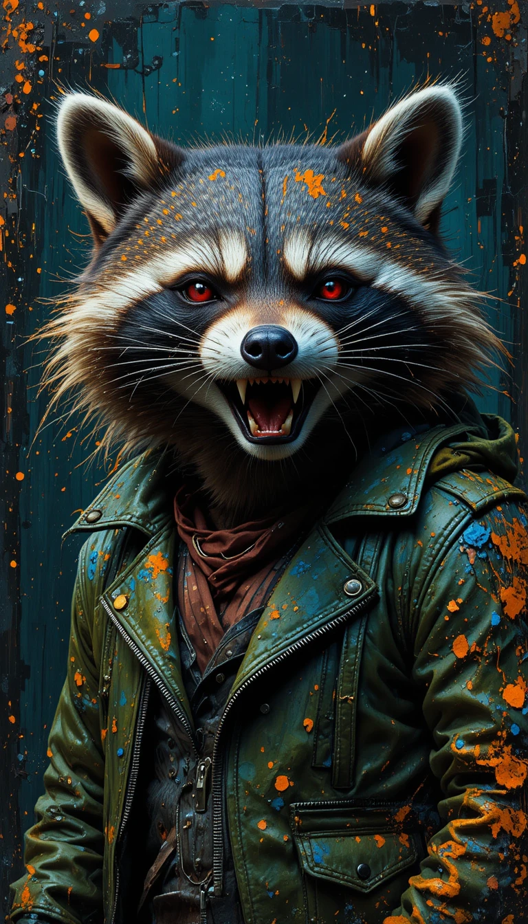 Mapache feroz con chaqueta verde y salpicaduras de pintura