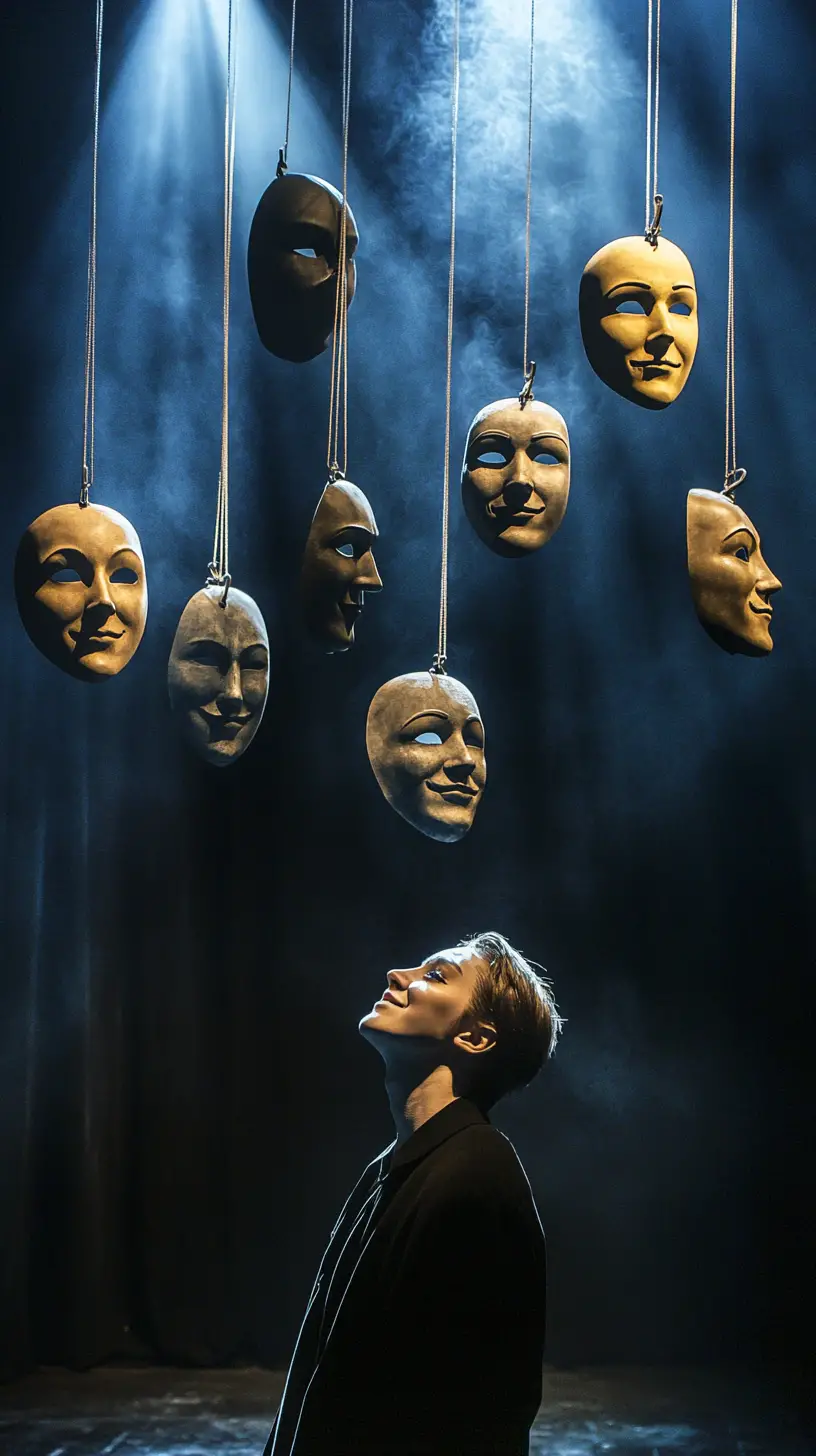 Person choosing a smiling mask backstage in dim theater